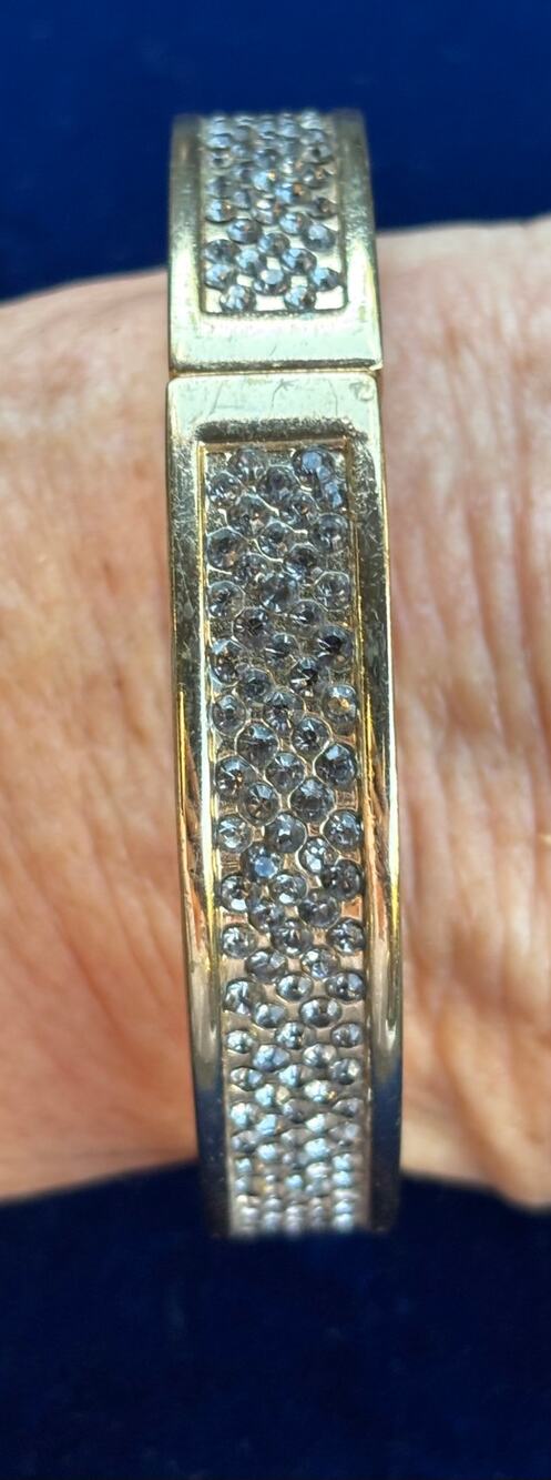Vintage Pave Rhinestone Gold Tone Metal Bracelet Hinged Magnetic Closure